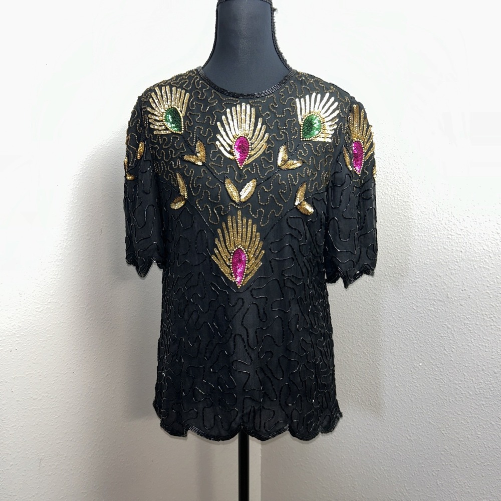 Vintage Denise‎ Elle Beaded Sequin Top Women's PS Black Floral Geo Silk Artsy